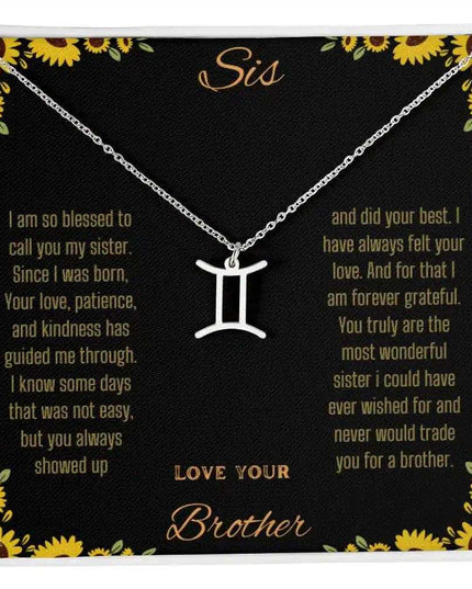 Zodiac Symbol Necklace with a polished stainless-steel Gemini charm on a to sis from brother greeting card inside a two-tone box