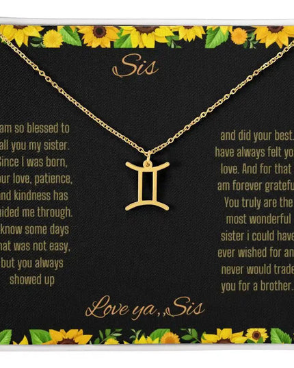 Zodiac Symbol Necklace with a yellow gold finish Gemini charm on a to sis from sis greeting card inside a two-tone box