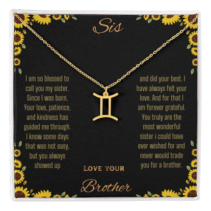 Zodiac Symbol Necklace with a yellow gold finish Gemini charm on a to sis from brother greeting card inside a two-tone box box