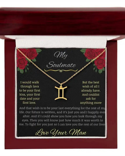Zodiac Symbol Necklace with yellow gold charm in a mahogany box charm 3