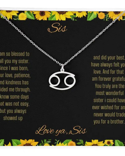 Zodiac Symbol Necklace with a polished stainless-steel charm on a to sis from sis greeting card inside a two-tone box