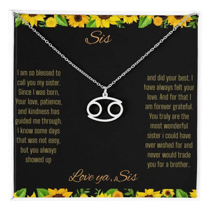 Zodiac Symbol Necklace with a polished stainless-steel charm on a to sis from sis greeting card inside a two-tone box