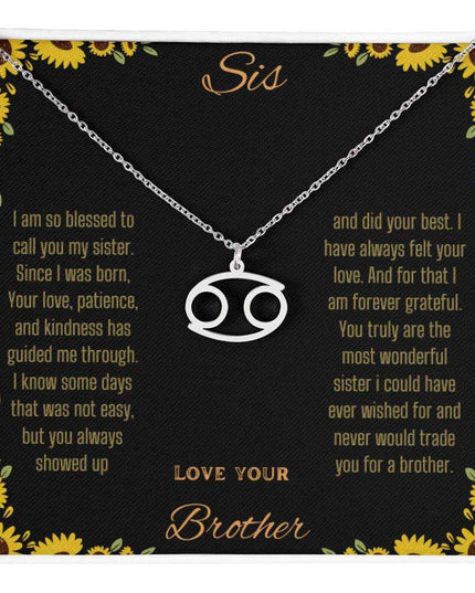 Zodiac Symbol Necklace with a polished stainless-steel Cancer charm on a to sis from brother greeting card inside a two-tone box