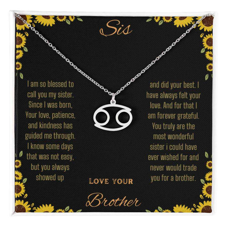 Zodiac Symbol Necklace with a polished stainless-steel Cancer charm on a to sis from brother greeting card inside a two-tone box