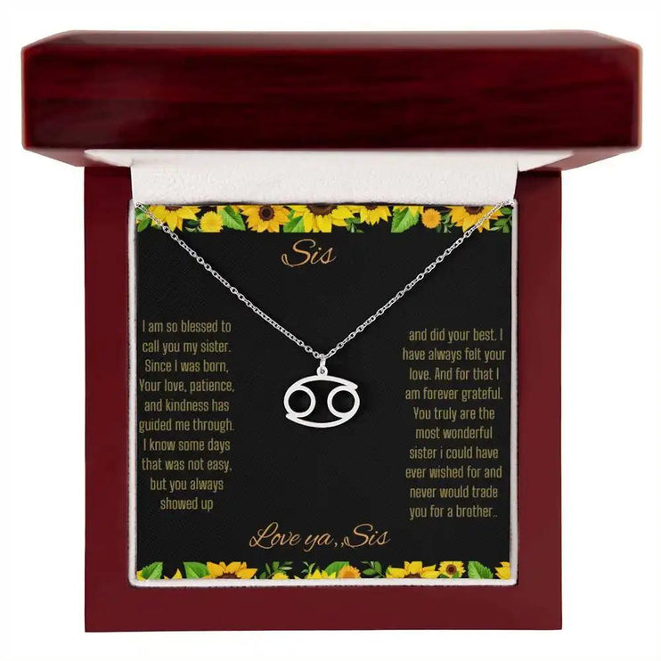 Zodiac Symbol Necklace with a polished stainless-steel charm on a to sis from sis greeting card inside a mahogany box