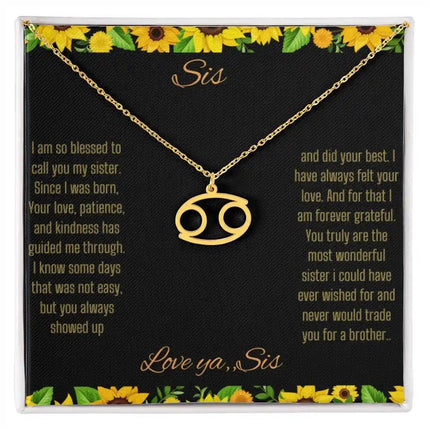 Zodiac Symbol Necklace with a yellow gold finish Cancer charm on a to sis from sis greeting card inside a two-tone box