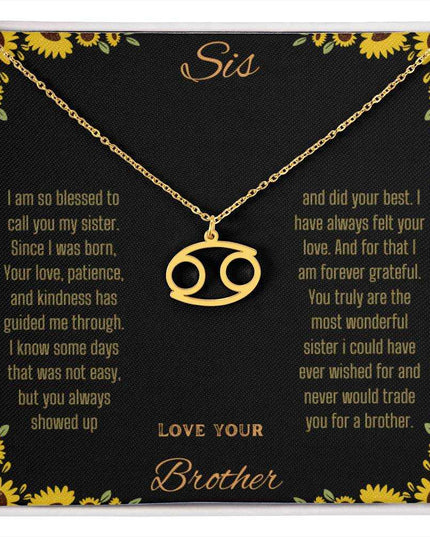Zodiac Symbol Necklace with a yellow gold finish Cancer charm on a to sis from brother greeting card inside a two-tone box box