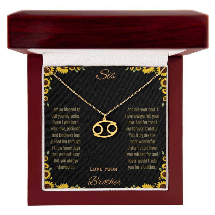 Zodiac Symbol Necklace with a yellow gold finish Cancer charm on a to sis from brother greeting card inside a mahogany box