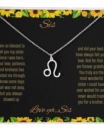 Zodiac Symbol Necklace with a polished stainless-steel Leo charm on a to sis from sis greeting card inside a two-tone box