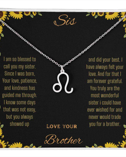 Zodiac Symbol Necklace with a polished stainless-steel Leo charm on a to sis from brother greeting card inside a two-tone box