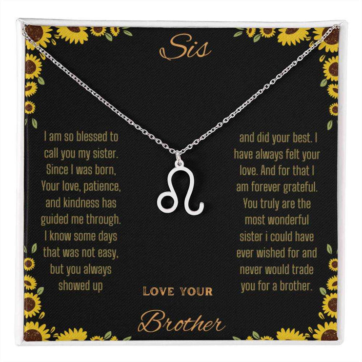 Zodiac Symbol Necklace with a polished stainless-steel Leo charm on a to sis from brother greeting card inside a two-tone box