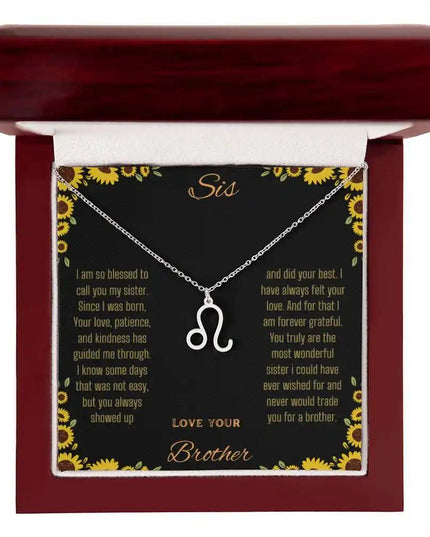 Zodiac Symbol Necklace with a polished stainless-steel Leo charm on a to sis from brother greeting card inside a mahogany box