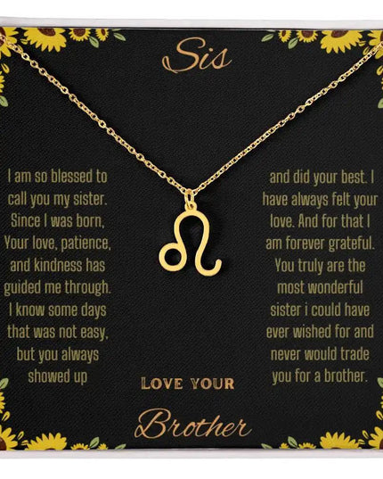 Zodiac Symbol Necklace with a yellow gold finish Leo charm on a to sis from brother greeting card inside a two-tone box box