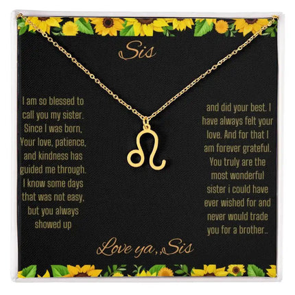 Zodiac Symbol Necklace with a polished stainless-steel Leo charm on a to sis from sis greeting card inside a two-tone box