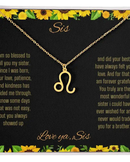 Zodiac Symbol Necklace with a polished stainless-steel Leo charm on a to sis from sis greeting card inside a two-tone box