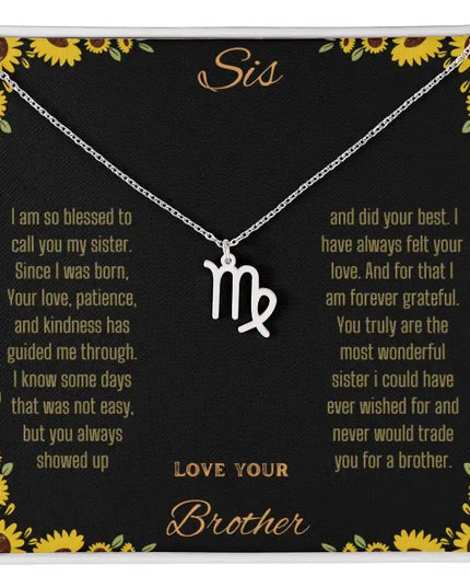 Zodiac Symbol Necklace with a polished stainless-steel Virgo charm on a to sis from brother greeting card inside a two-tone box