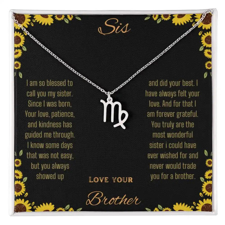 Zodiac Symbol Necklace with a polished stainless-steel Virgo charm on a to sis from brother greeting card inside a two-tone box