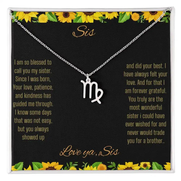 Zodiac Symbol Necklace with a polished stainless-steel Virgo charm on a to sis from sis greeting card inside a two-tone box