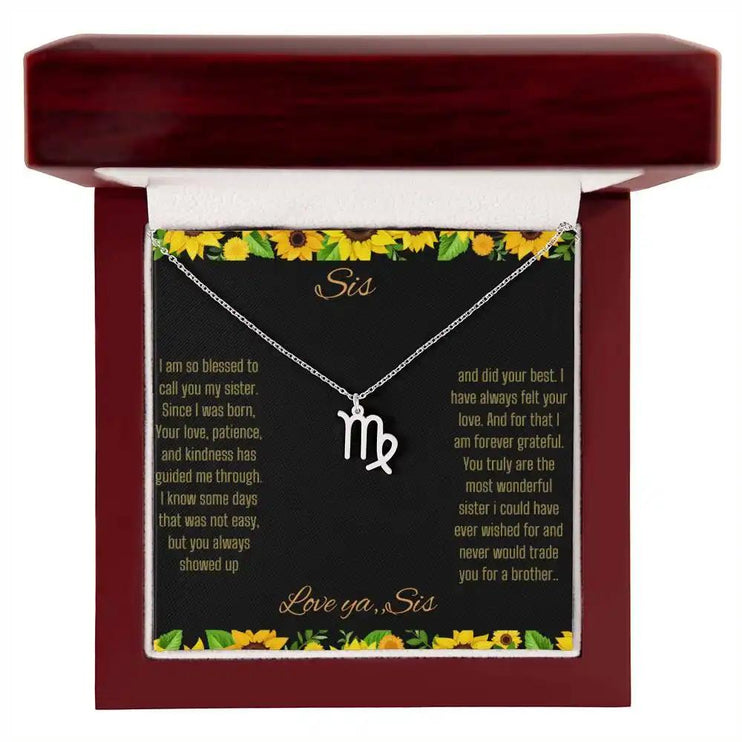 Zodiac Symbol Necklace with a polished stainless-steel Virgo charm on a to sis from sis greeting card inside a mahogany box