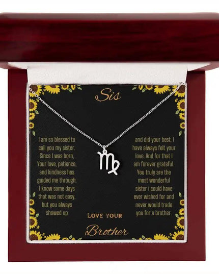 Zodiac Symbol Necklace with a polished stainless-steel Virgo charm on a to sis from brother greeting card inside a mahogany box