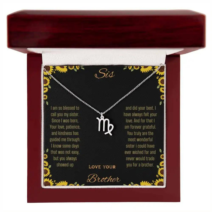 Zodiac Symbol Necklace with a polished stainless-steel Virgo charm on a to sis from brother greeting card inside a mahogany box