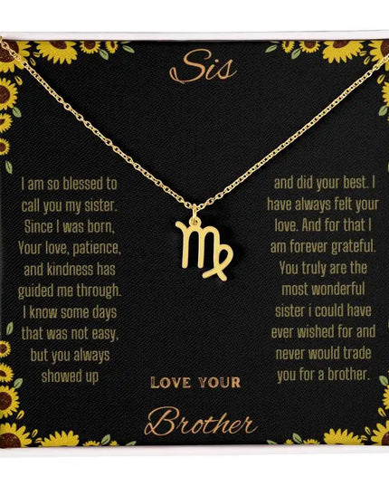 Zodiac Symbol Necklace with a yellow gold finish Virgo charm on a to sis from brother greeting card inside a two-tone box box
