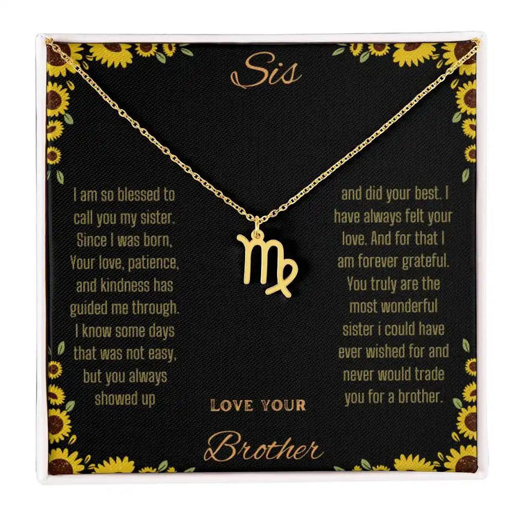 Zodiac Symbol Necklace with a yellow gold finish Virgo charm on a to sis from brother greeting card inside a two-tone box box