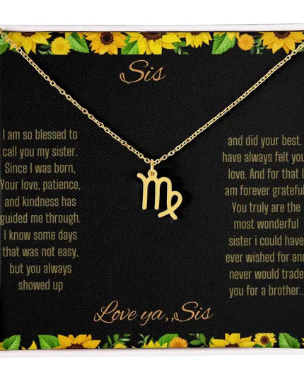 Zodiac Symbol Necklace with a yellow gold Virgo charm on a to sis from sis greeting card inside a two-tone box