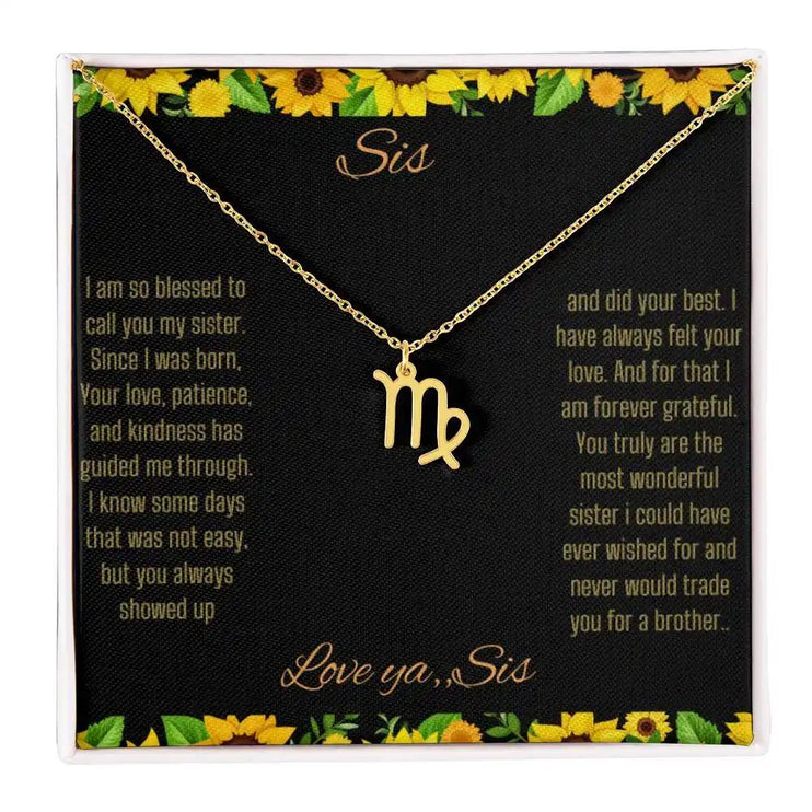 Zodiac Symbol Necklace with a yellow gold Virgo charm on a to sis from sis greeting card inside a two-tone box