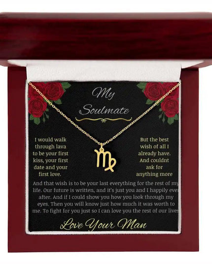 Zodiac Symbol Necklace with yellow gold charm in a mahogany box charm 6