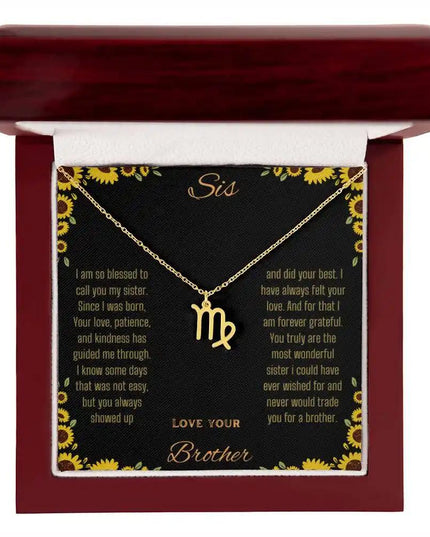 Zodiac Symbol Necklace with a yellow gold finish Virgo charm on a to sis from brother greeting card inside a mahogany box