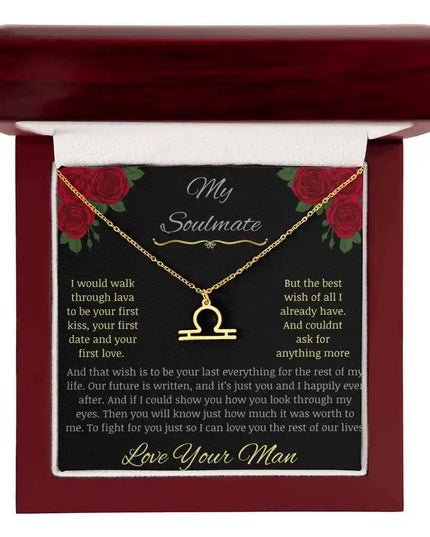 Zodiac Symbol Necklace with yellow gold charm in a mahogany box charm 7