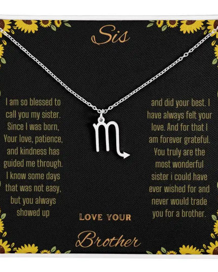 Zodiac Symbol Necklace with a polished stainless-steel Scorpio charm on a to sis from brother greeting card inside a two-tone box
