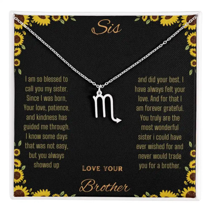Zodiac Symbol Necklace with a polished stainless-steel Scorpio charm on a to sis from brother greeting card inside a two-tone box