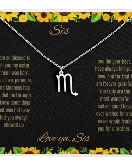 Zodiac Symbol Necklace with a polished stainless-steel Scorpio charm on a to sis from sis greeting card inside a two-tone box