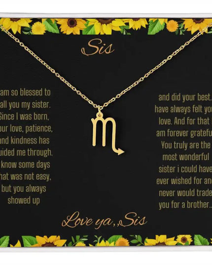 Zodiac Symbol Necklace with a yellow gold finish Scorpio charm on a to sis from sis greeting card inside a two-tone box