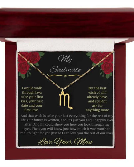 Zodiac Symbol Necklace with yellow gold charm in a mahogany box charm 8