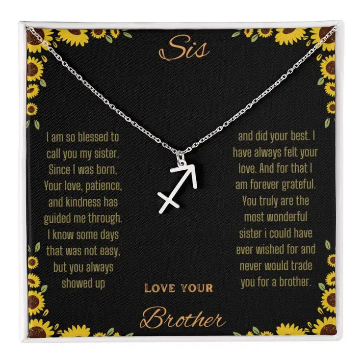 Zodiac Symbol Necklace with a polished stainless-steel Sagitarius charm on a to sis from brother greeting card inside a two-tone box