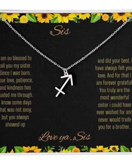 Zodiac Symbol Necklace with a polished stainless-steel Sagittarius charm on a to sis from sis greeting card inside a two-tone box
