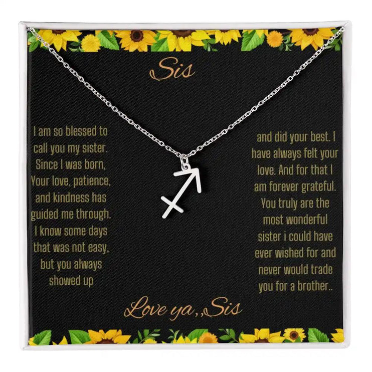 Zodiac Symbol Necklace with a polished stainless-steel Sagittarius charm on a to sis from sis greeting card inside a two-tone box