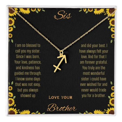 Zodiac Symbol Necklace with a yellow gold finish Sagittarius charm on a to sis from brother greeting card inside a two-tone box box