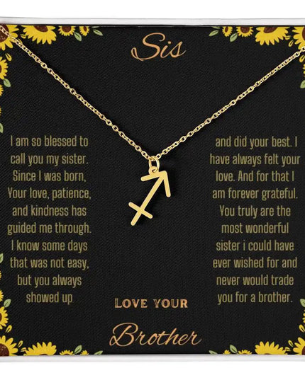 Zodiac Symbol Necklace with a yellow gold finish Sagittarius charm on a to sis from brother greeting card inside a two-tone box box