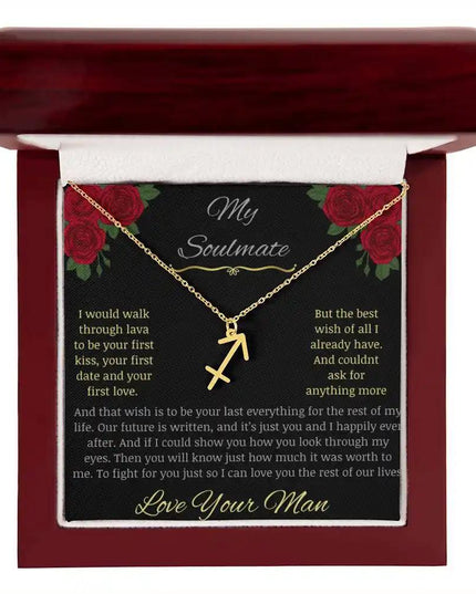 Zodiac Symbol Necklace with yellow gold charm in a mahogany box charm 9