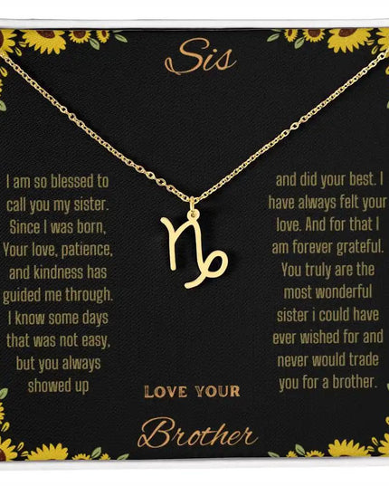 Zodiac Symbol Necklace with a yellow gold finish Capricorn charm on a to sis from brother greeting card inside a two-tone box box