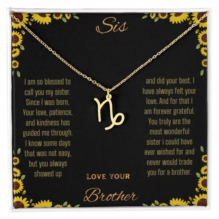 Zodiac Symbol Necklace with a yellow gold finish Capricorn charm on a to sis from brother greeting card inside a two-tone box box