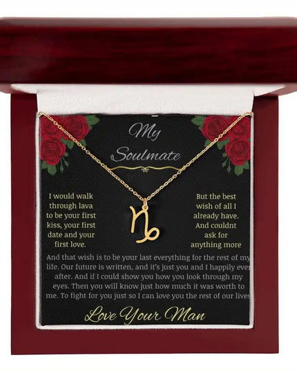 Zodiac Symbol Necklace with yellow gold charm in a mahogany box charm 10