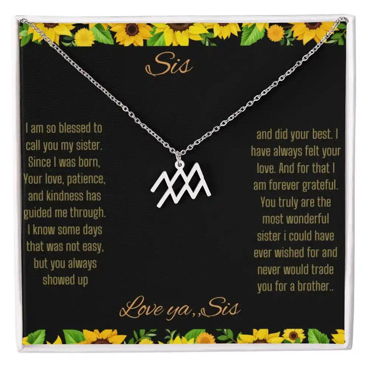Zodiac Symbol Necklace with a polished stainless-steel Aquarius charm on a to sis from sis greeting card inside a two-tone box