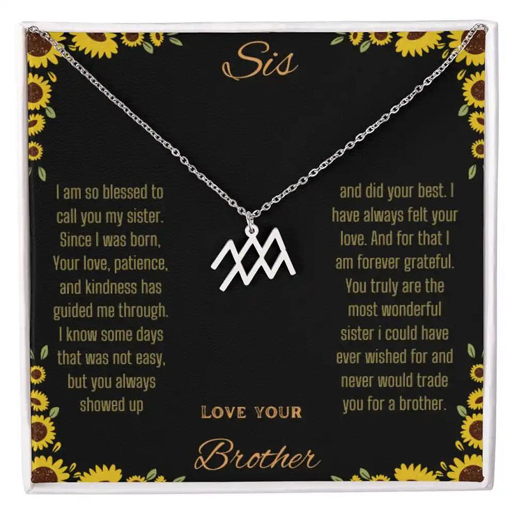 Zodiac Symbol Necklace with a polished stainless-steel Aquarius charm on a to sis from brother greeting card inside a two-tone box