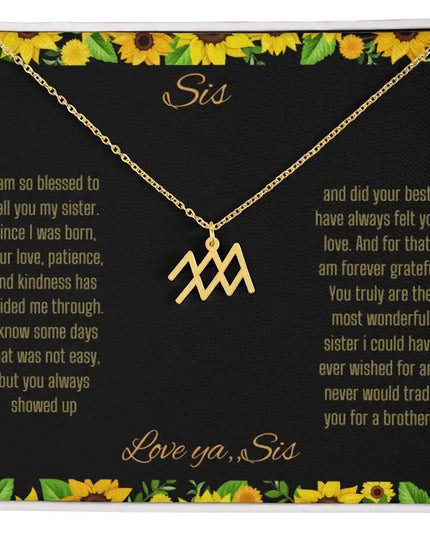 Zodiac Symbol Necklace with a yellow gold finish Aquarius charm on a to sis from sis greeting card inside a two-tone box