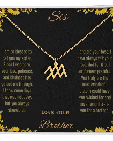Zodiac Symbol Necklace with a yellow gold finish Aquarius charm on a to sis from brother greeting card inside a two-tone box box
